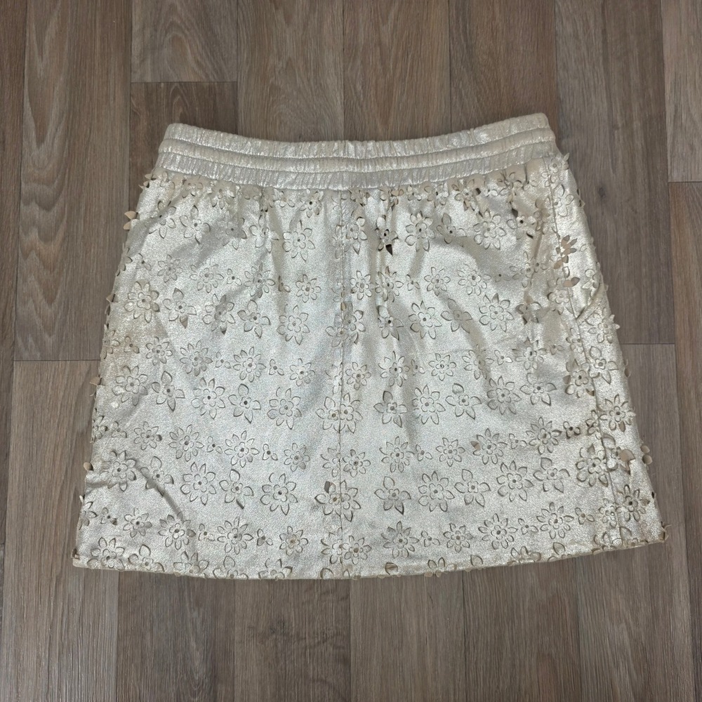 Leifsdottir Anthropologie Metallic‎ Gold Leather Floral Eyelet Mini Skirt Size 2 - Picture 6 of 10